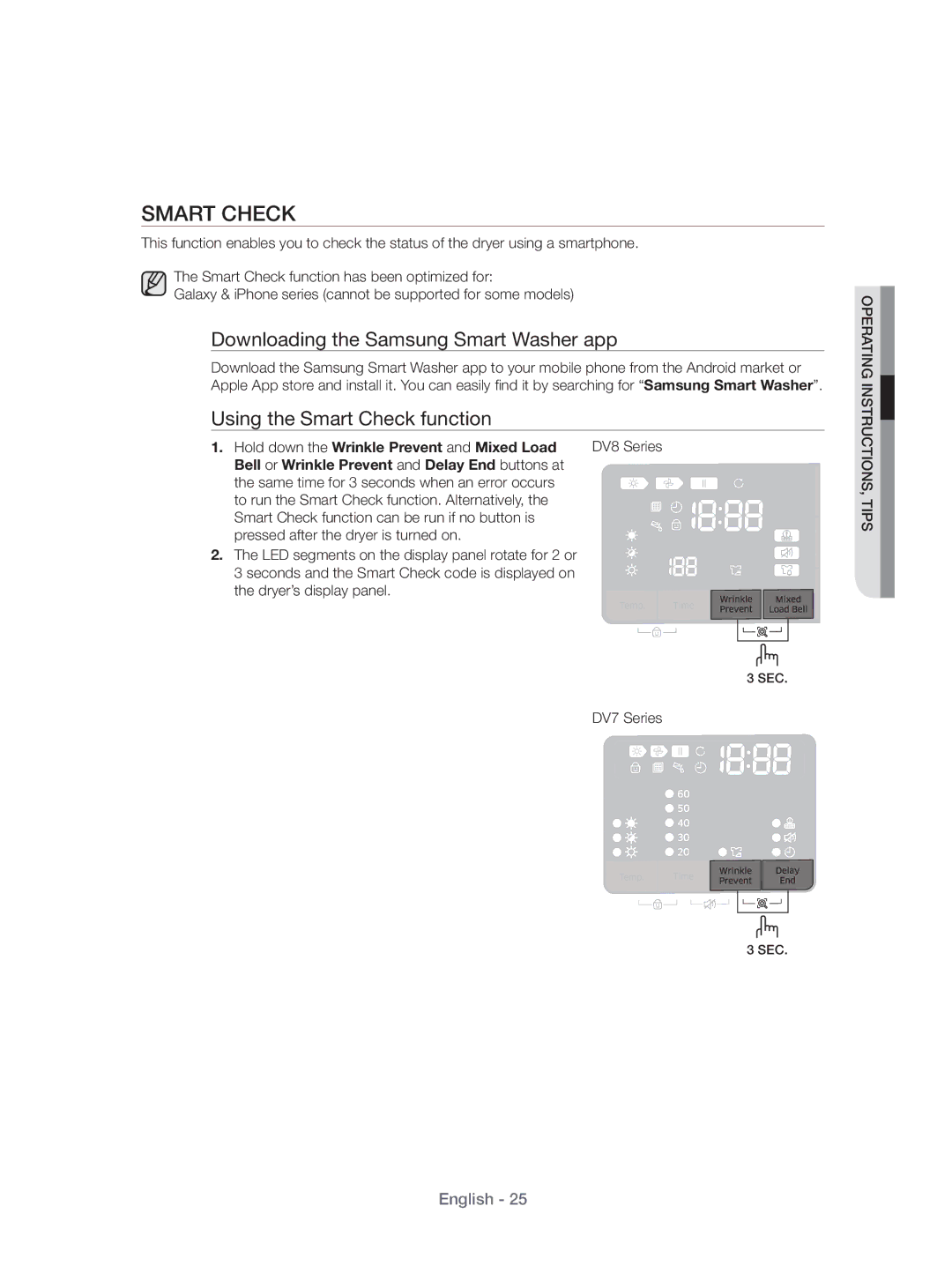 Samsung DV70H4400CW/KJ, DV80H4100CW/KJ manual Smart Check, Hold down the Wrinkle Prevent and Mixed Load 