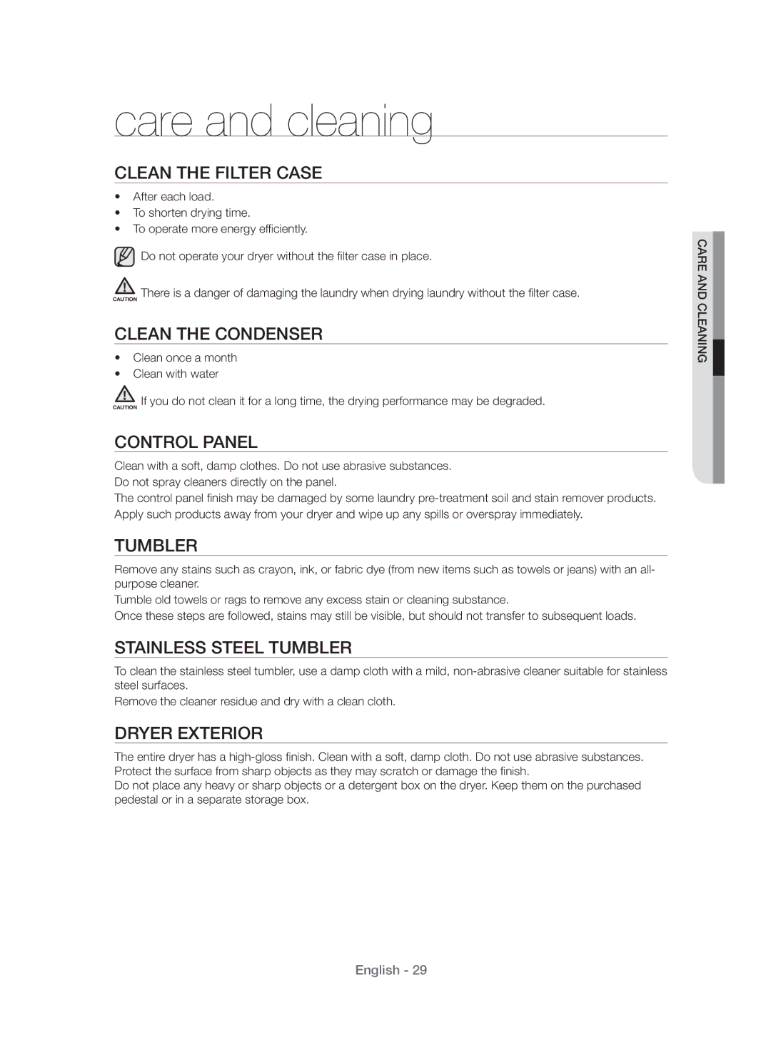 Samsung DV70H4400CW/KJ, DV80H4100CW/KJ manual Care and cleaning 