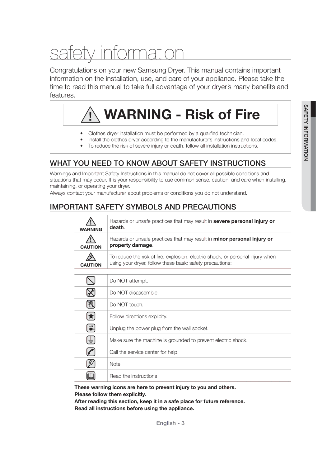 Samsung DV70H4400CW/KJ manual Safety information, What YOU Need to Know about Safety Instructions, Death, Property damage 