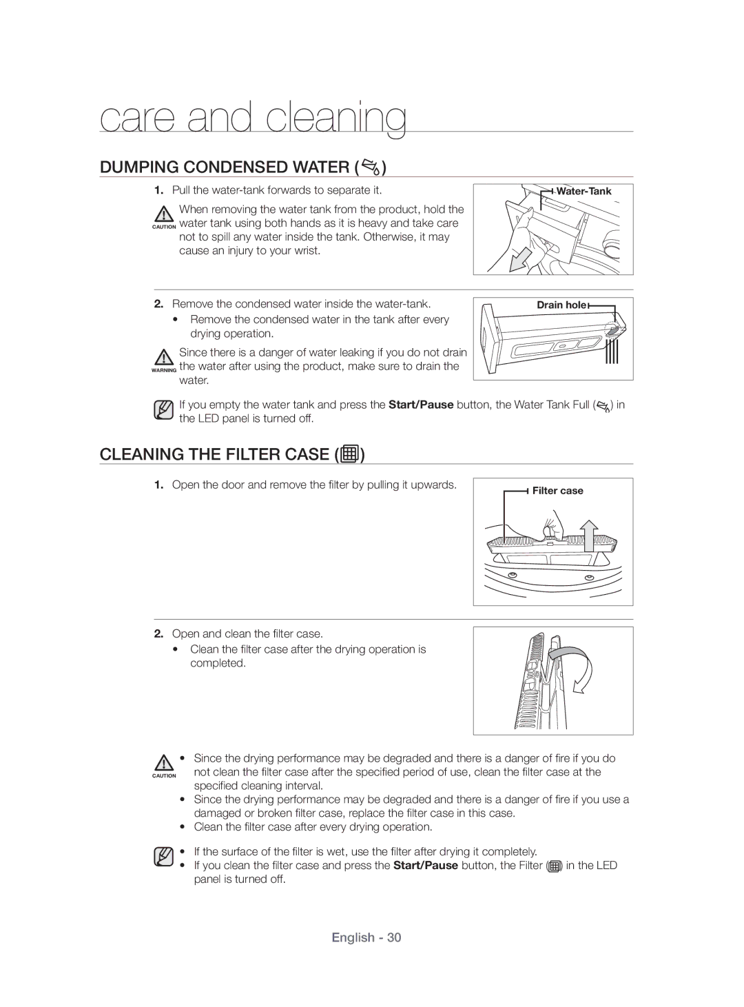 Samsung DV80H4100CW/KJ, DV70H4400CW/KJ manual Dumping Condensed Water, Cleaning the Filter Case 