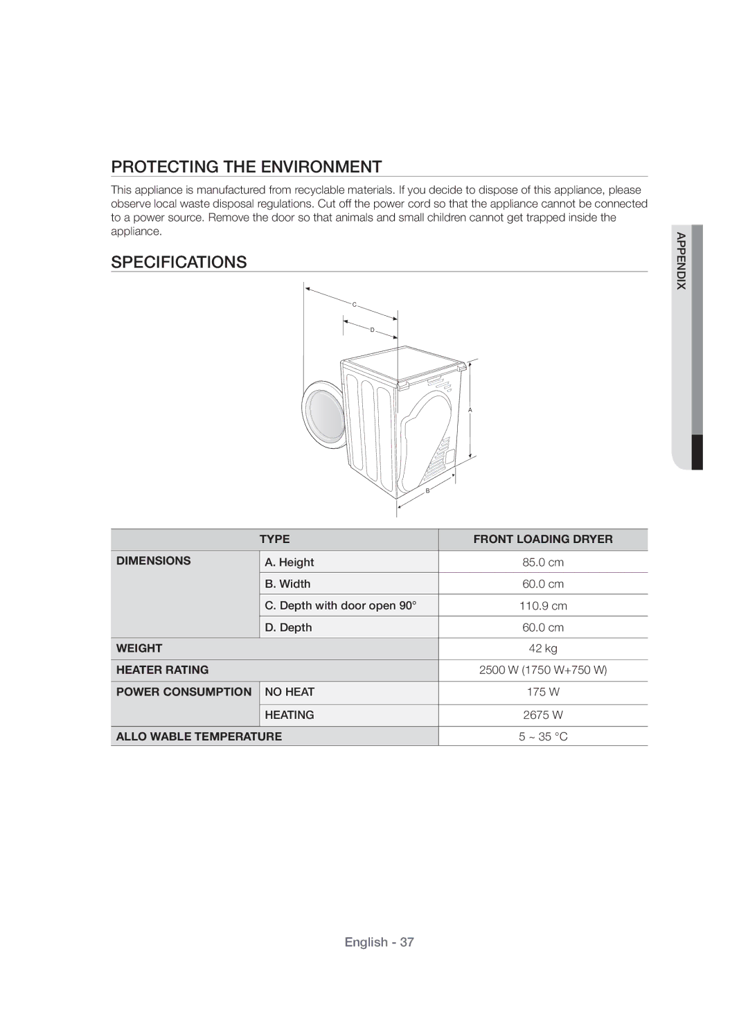 Samsung DV70H4400CW/KJ, DV80H4100CW/KJ manual Protecting the Environment, Specifications 