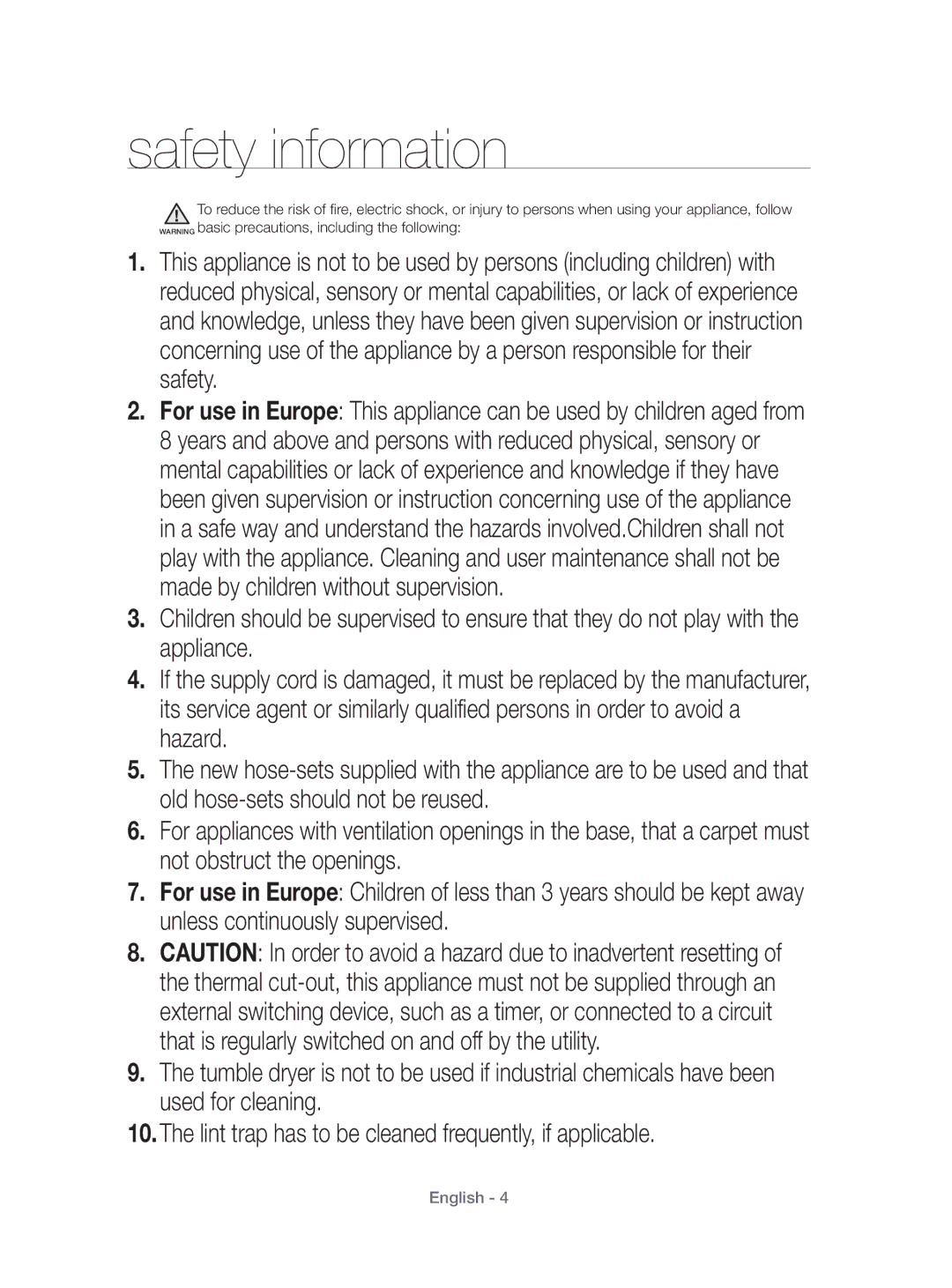 Samsung DV80H4100CW/KJ, DV70H4400CW/KJ manual Safety information 