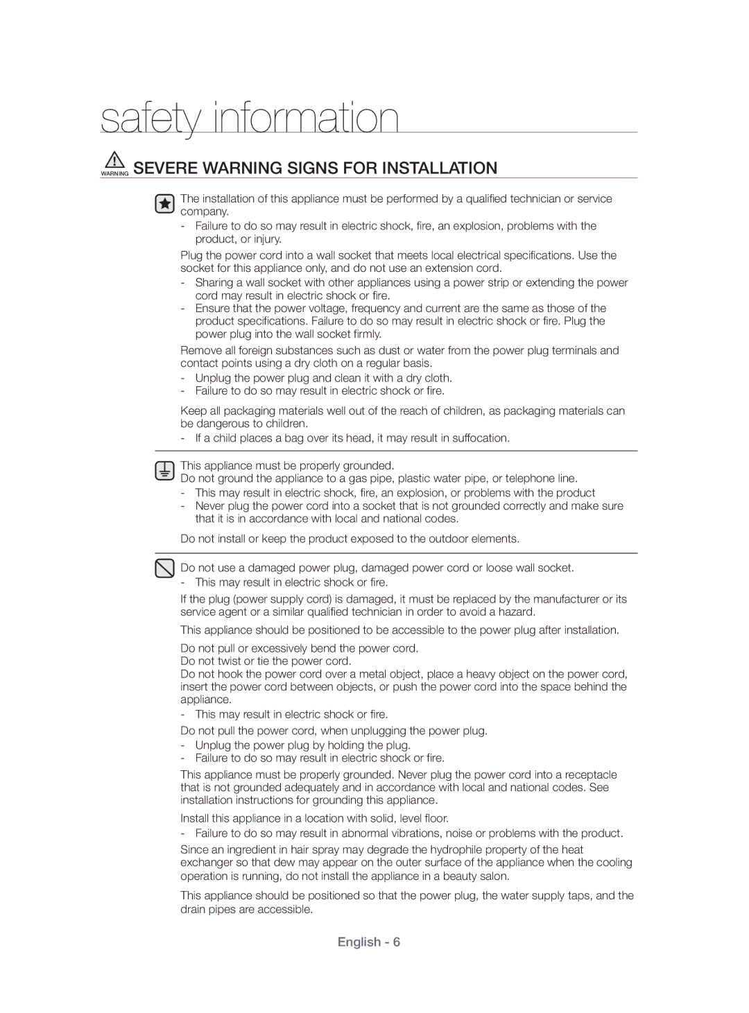 Samsung DV80H4100CW/KJ, DV70H4400CW/KJ manual Safety information 