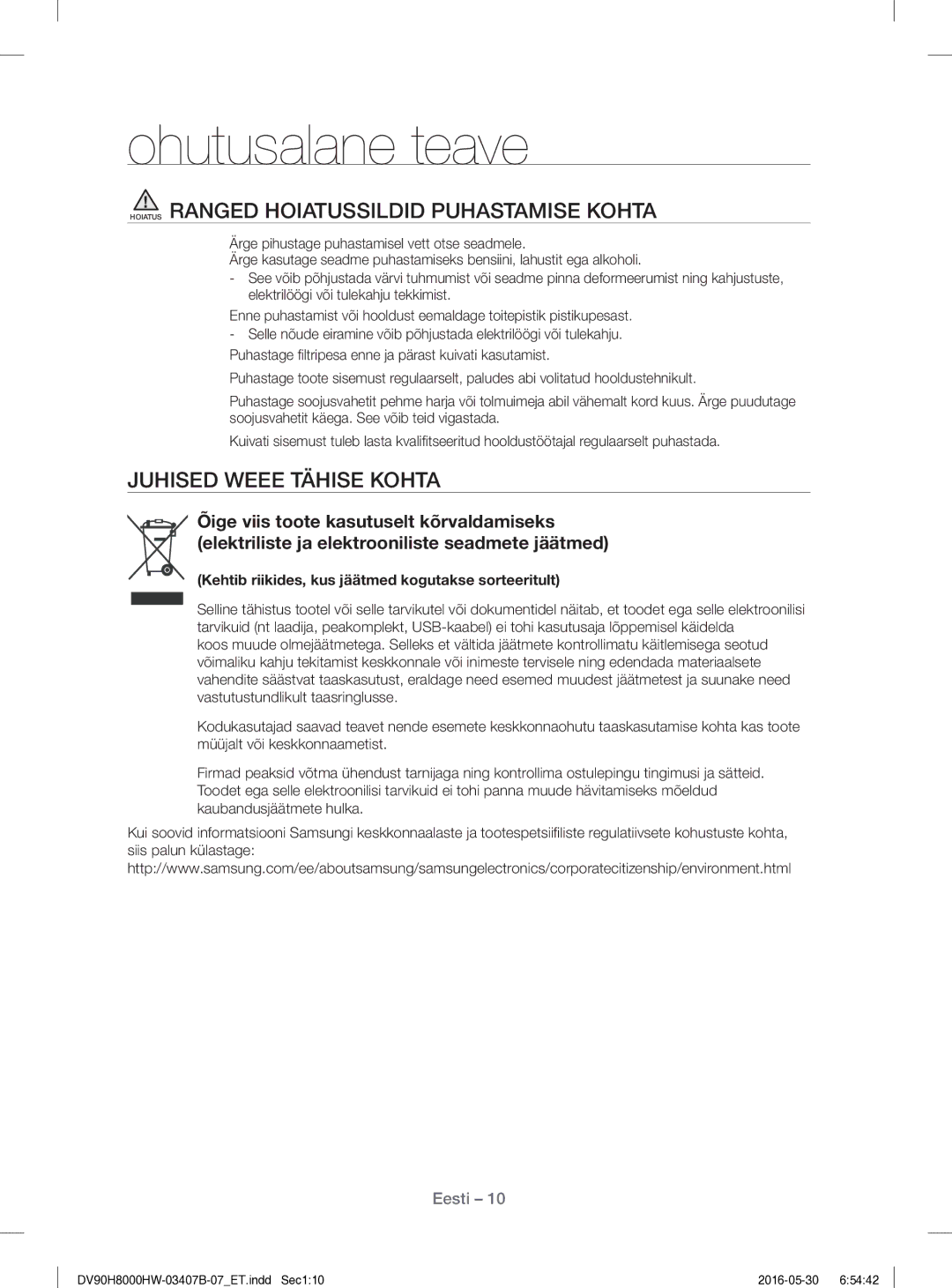 Samsung DV80H8100HW/EE manual Hoiatus Ranged Hoiatussildid Puhastamise Kohta, Juhised Weee Tähise Kohta 