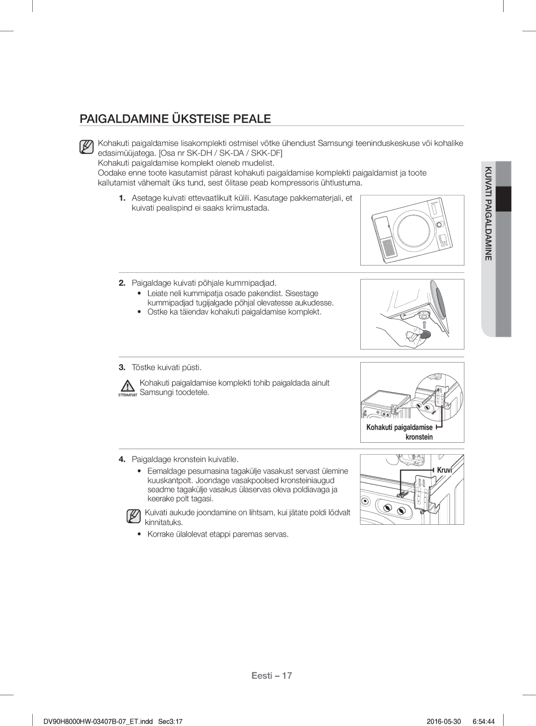 Samsung DV80H8100HW/EE manual Paigaldamine Üksteise Peale, Ostke ka täiendav kohakuti paigaldamise komplekt, Kronstein 