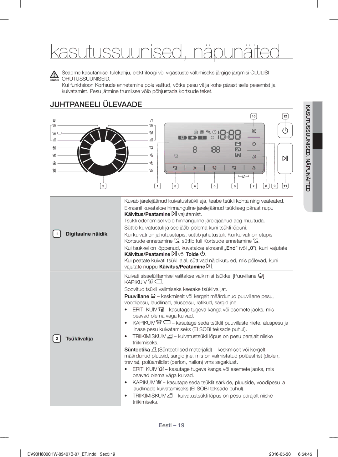 Samsung DV80H8100HW/EE manual Kasutussuunised, näpunäited, Juhtpaneeli Ülevaade 