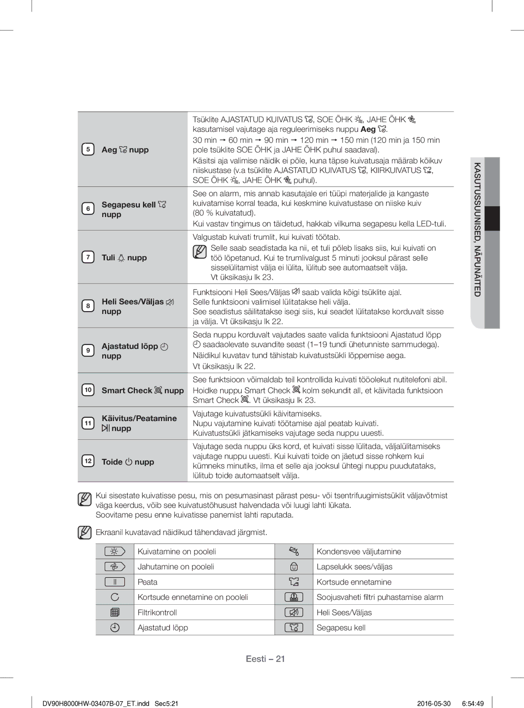 Samsung DV80H8100HW/EE manual Aeg Nupp, Segapesu kell, Tuli Nupp, Heli Sees/Väljas, Ajastatud lõpp, Käivitus/Peatamine 