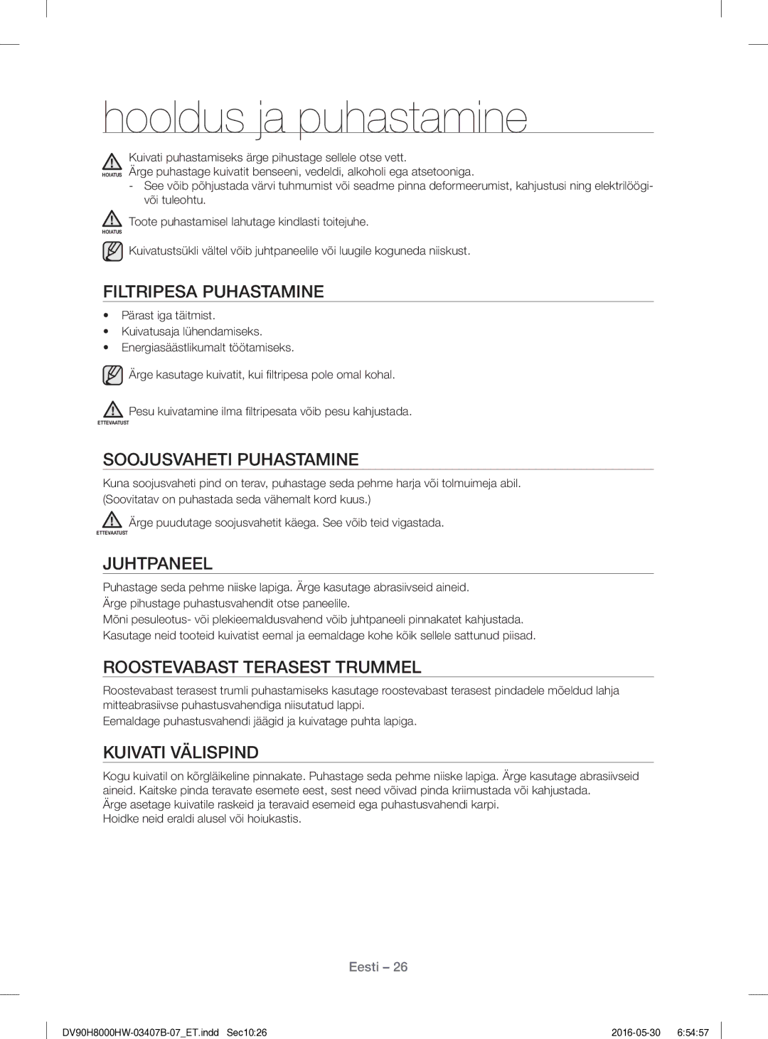 Samsung DV80H8100HW/EE manual Hooldus ja puhastamine 