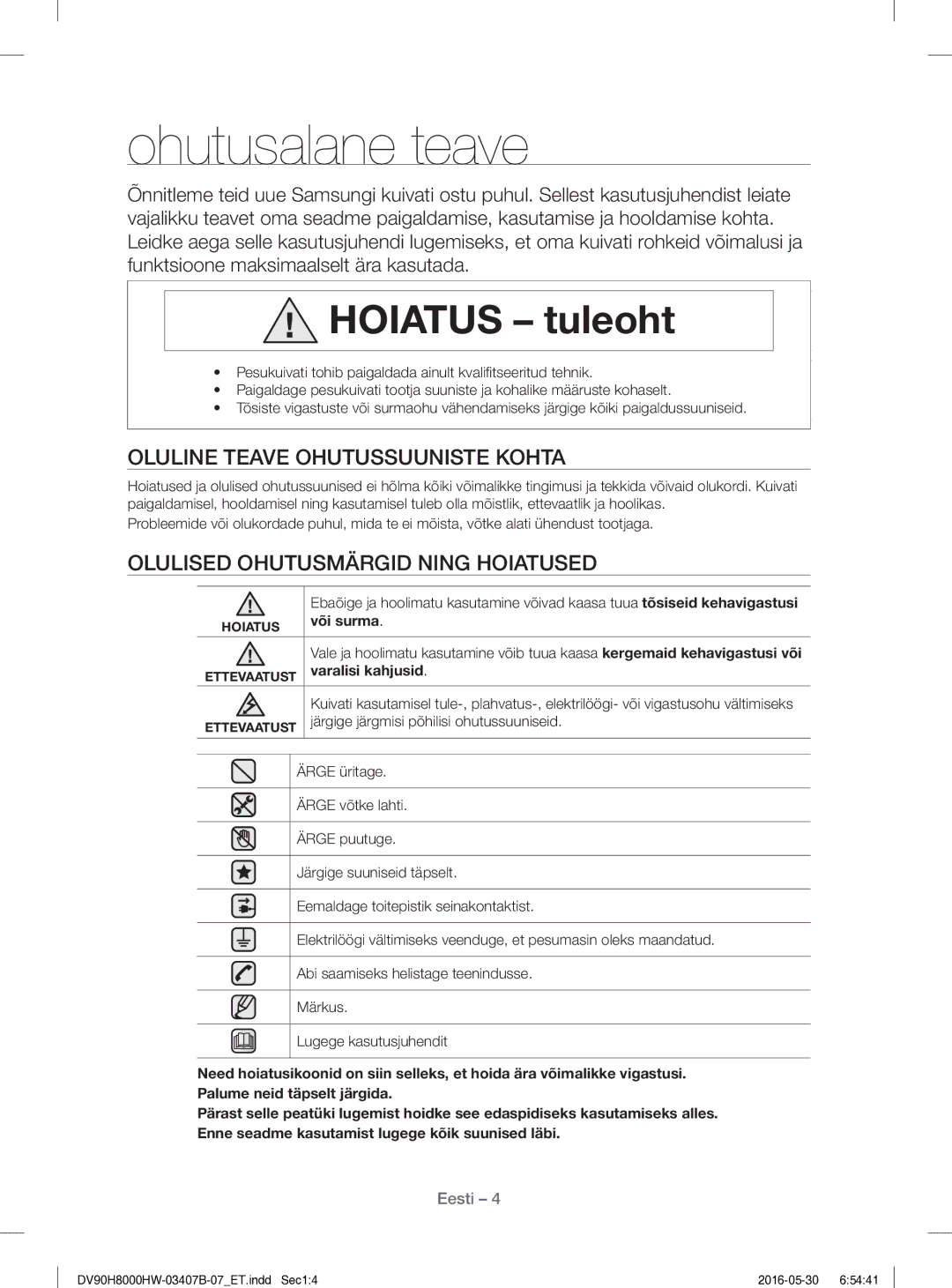 Samsung DV80H8100HW/EE manual Ohutusalane teave, Oluline Teave Ohutussuuniste Kohta, Olulised Ohutusmärgid Ning Hoiatused 