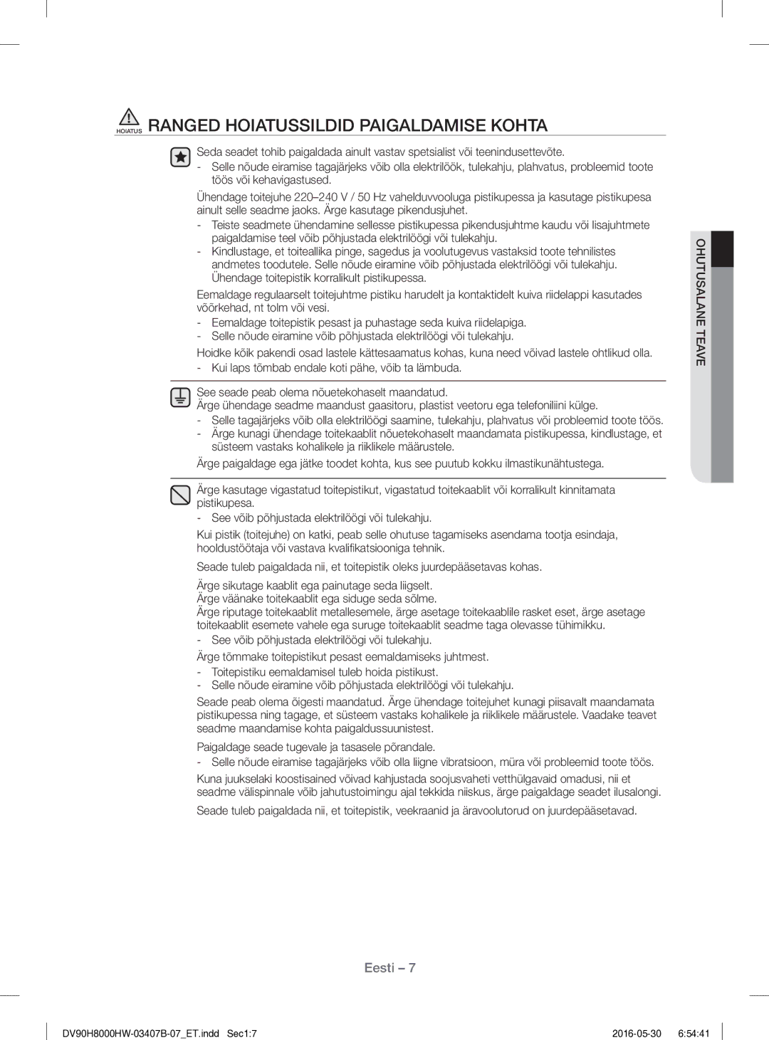 Samsung DV80H8100HW/EE manual Hoiatus Ranged Hoiatussildid Paigaldamise Kohta 