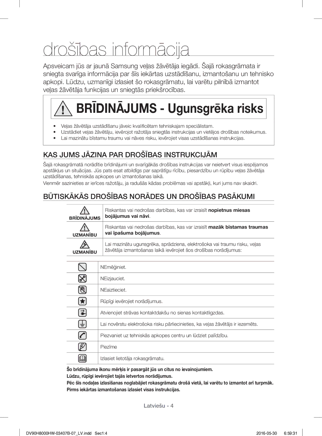 Samsung DV80H8100HW/EE manual Drošības informācija, KAS Jums Jāzina PAR Drošības Instrukcijām, Bojājumus vai nāvi 