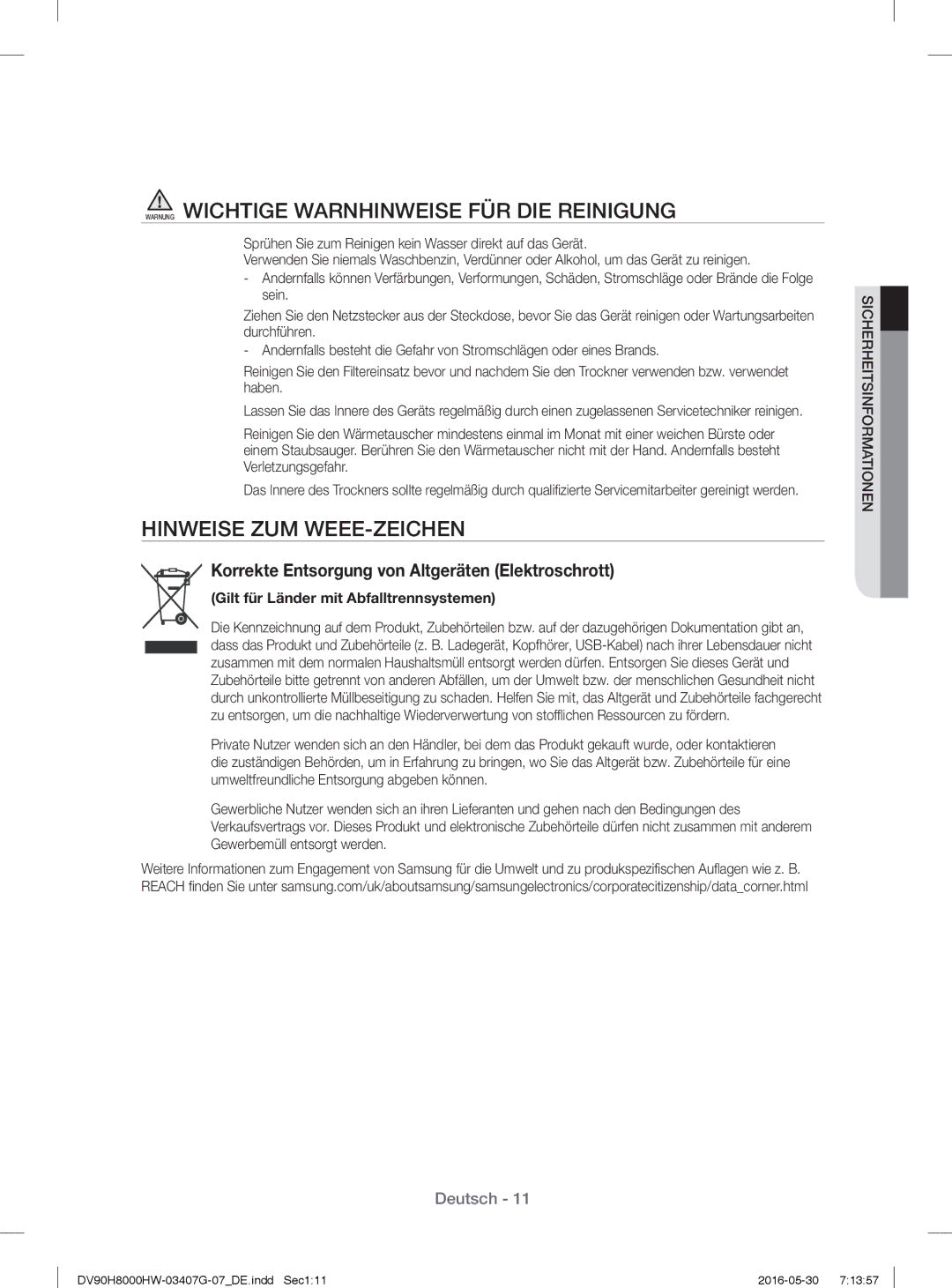 Samsung DV90H8000HW/EG, DV80H8100HW/EG manual Warnung Wichtige Warnhinweise FÜR DIE Reinigung, Hinweise ZUM WEEE-ZEICHEN 