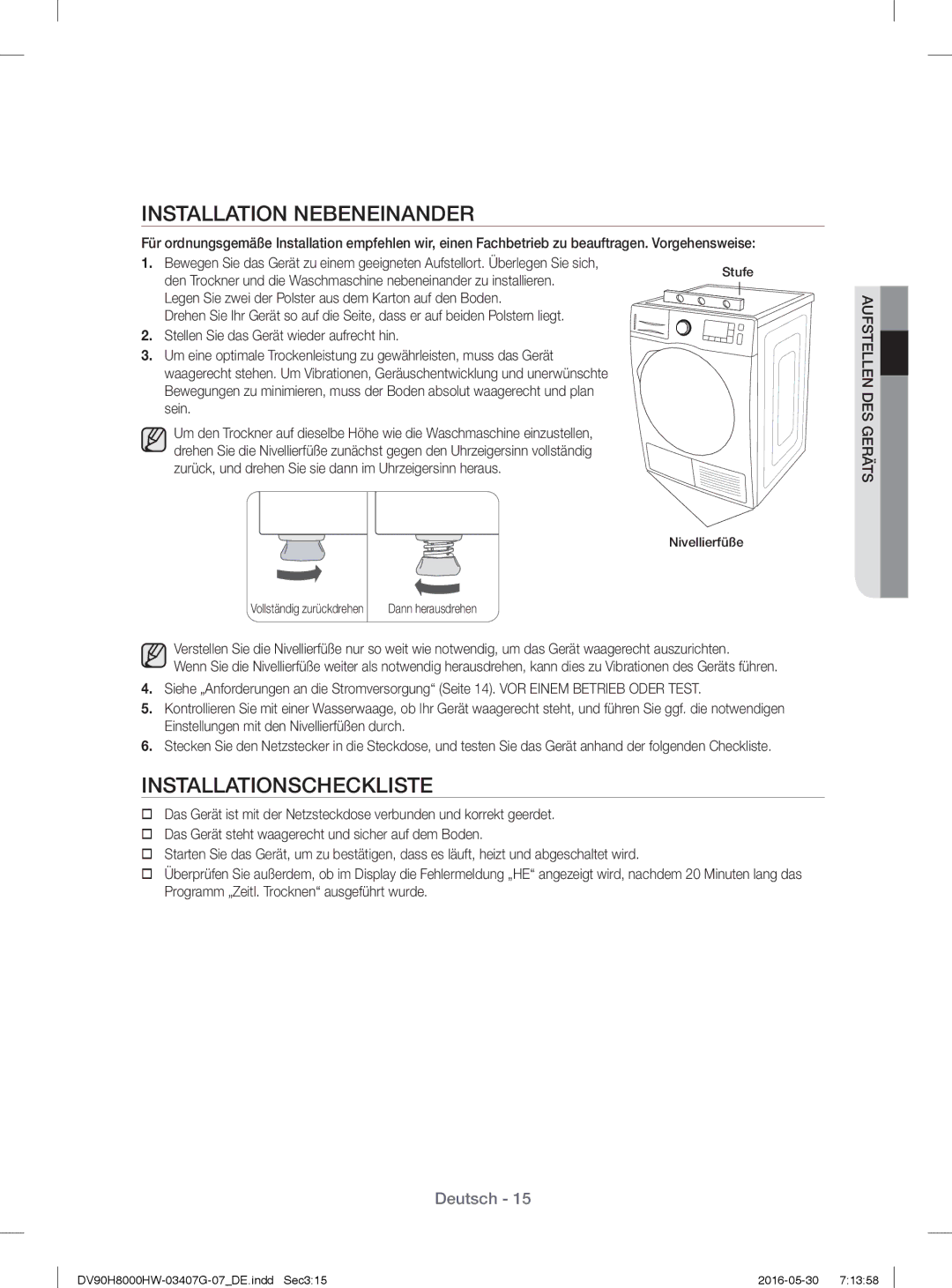 Samsung DV90H8000HW/EG, DV80H8100HW/EG manual Installation Nebeneinander, Installationscheckliste 