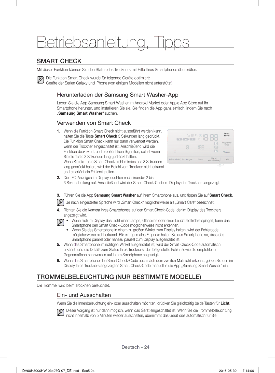 Samsung DV80H8100HW/EG, DV90H8000HW/EG manual Smart Check, Trommelbeleuchtung NUR Bestimmte Modelle 