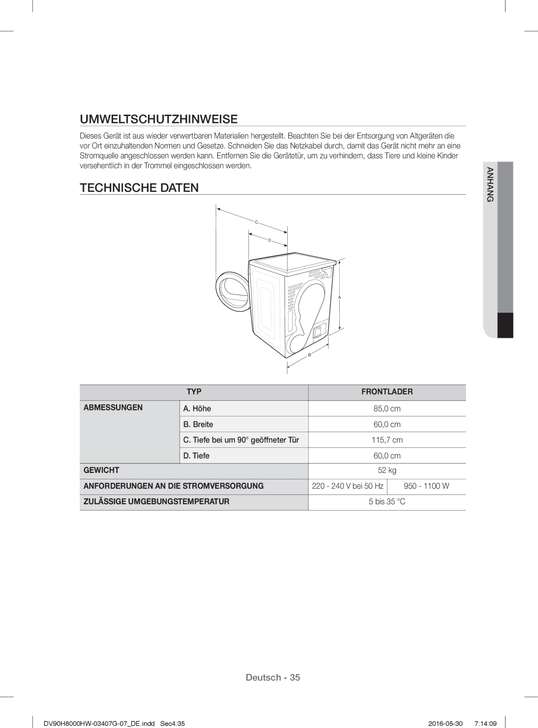 Samsung DV90H8000HW/EG, DV80H8100HW/EG manual Umweltschutzhinweise, Technische Daten 