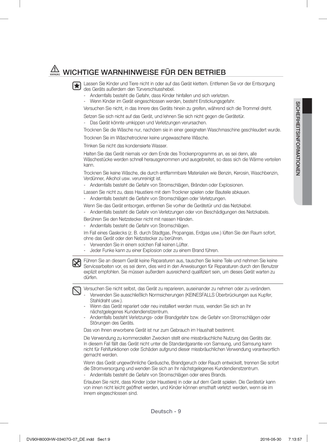 Samsung DV90H8000HW/EG, DV80H8100HW/EG manual Warnung Wichtige Warnhinweise FÜR DEN Betrieb 