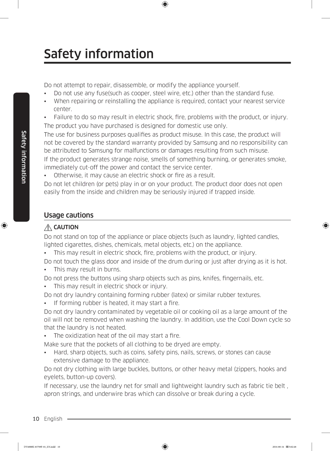 Samsung DV80K6010CW/LE manual Usage cautions 