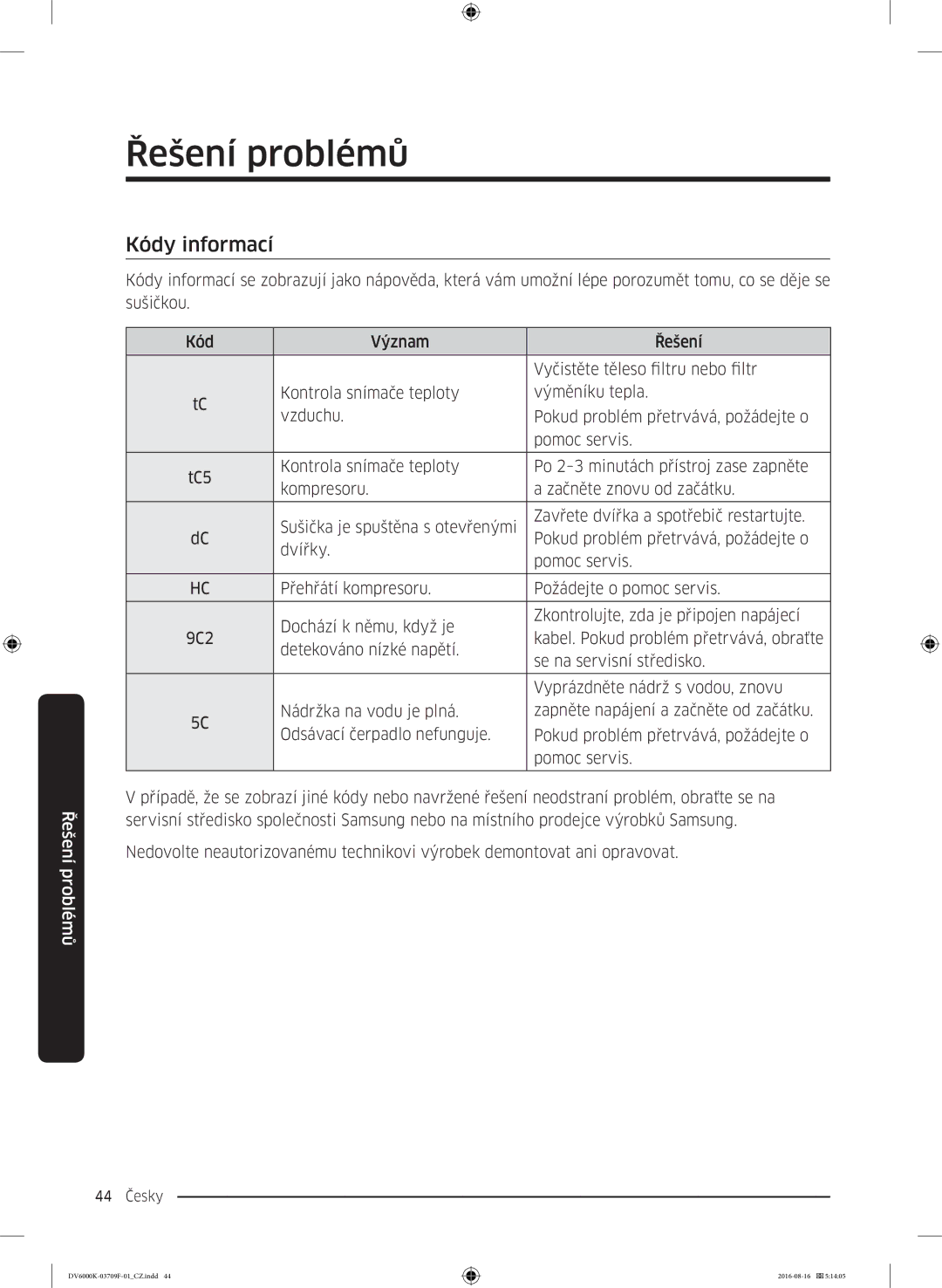 Samsung DV80K6010CW/LE manual Kódy informací, Kabel. Pokud problém přetrvává, obraťte, Detekováno nízké napětí 