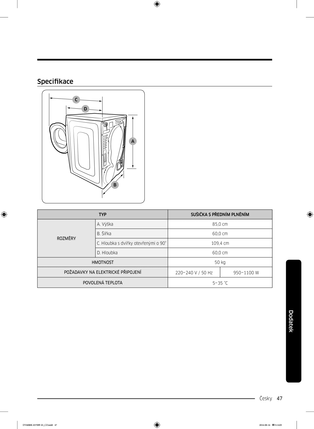 Samsung DV80K6010CW/LE manual Specifikace, Rozměry 