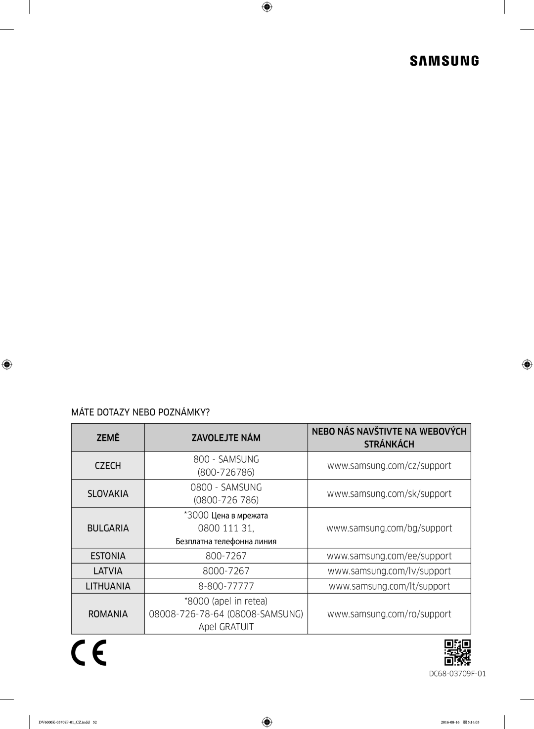 Samsung DV80K6010CW/LE manual Máte Dotazy Nebo POZNÁMKY? Země Zavolejte NÁM, 08008-726-78-64 08008-SAMSUNG 