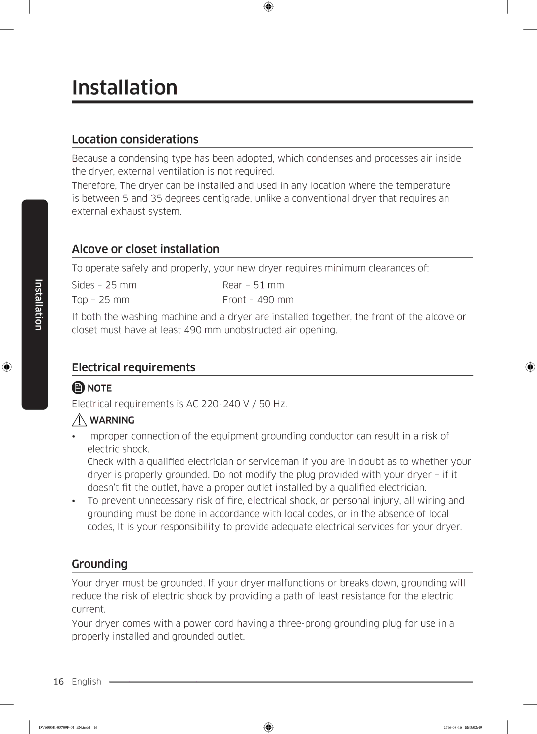 Samsung DV80K6010CW/LE manual Location considerations, Alcove or closet installation, Electrical requirements, Grounding 