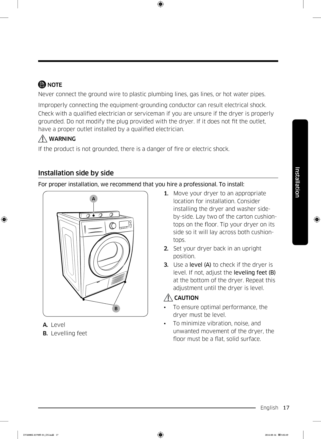 Samsung DV80K6010CW/LE manual Installation side by side 