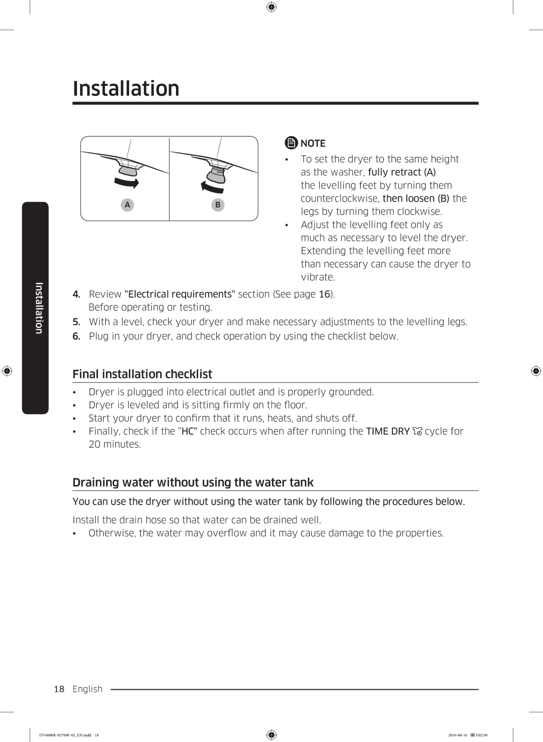 Samsung DV80K6010CW/LE manual Final installation checklist, Draining water without using the water tank 