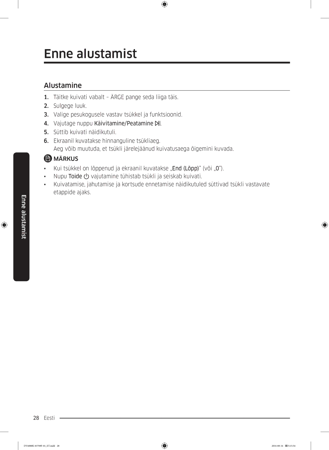 Samsung DV80K6010CW/LE manual Alustamine 