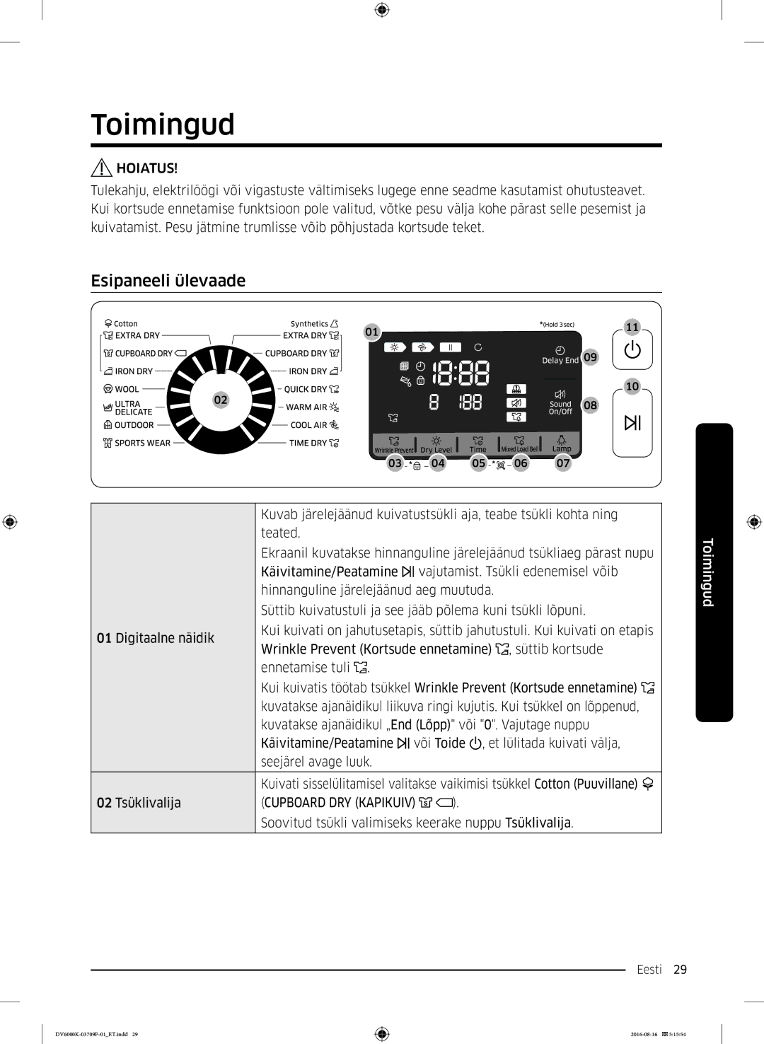 Samsung DV80K6010CW/LE manual Toimingud, Esipaneeli ülevaade, 02 Tsüklivalija 