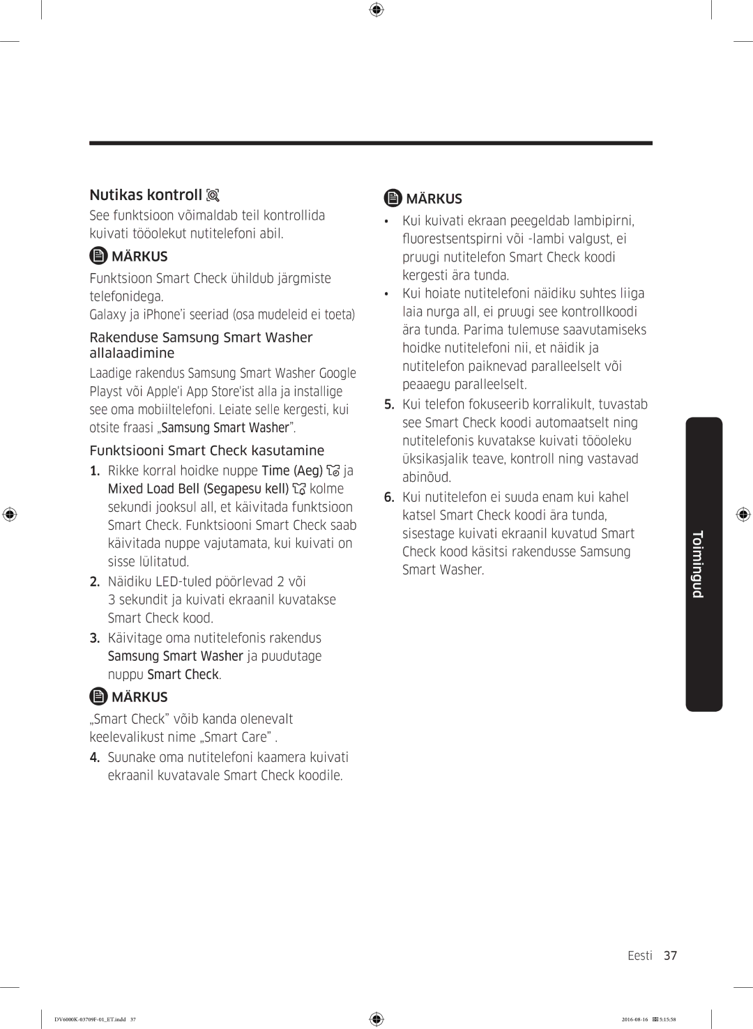 Samsung DV80K6010CW/LE manual Nutikas kontroll, Check kood käsitsi rakendusse Samsung, Smart Washer 