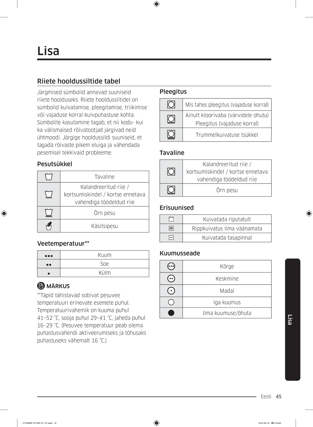 Samsung DV80K6010CW/LE manual Lisa, Riiete hooldussiltide tabel 