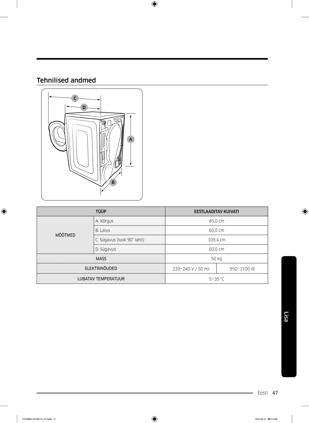 Samsung DV80K6010CW/LE manual Tehnilised andmed 