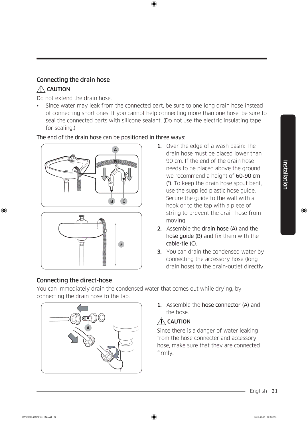 Samsung DV80K6010CW/LE manual Connecting the drain hose, Connecting the direct-hose 