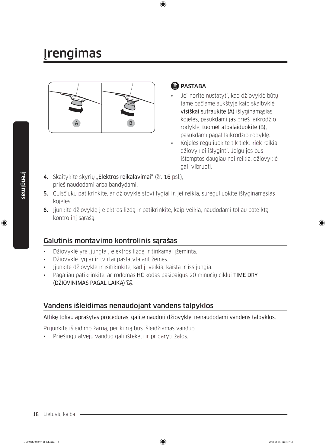 Samsung DV80K6010CW/LE manual Galutinis montavimo kontrolinis sąrašas, Vandens išleidimas nenaudojant vandens talpyklos 