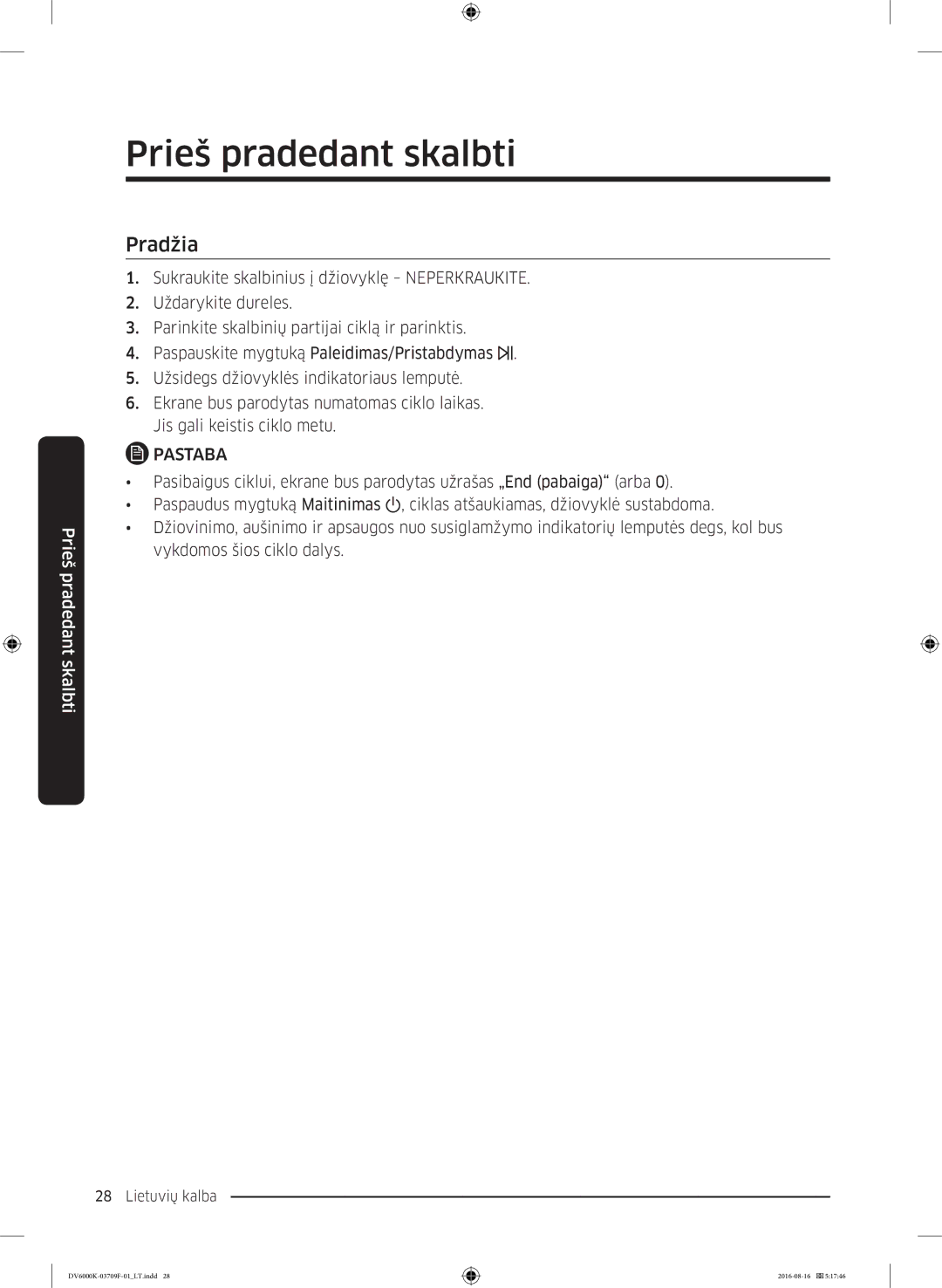 Samsung DV80K6010CW/LE manual Pradžia 