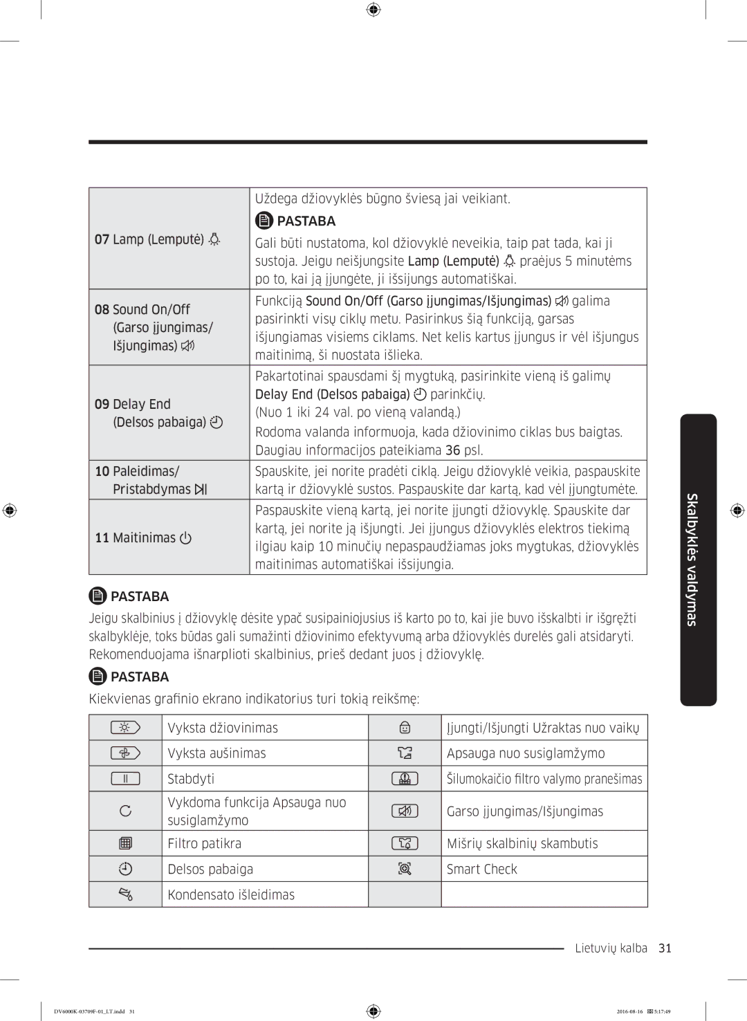 Samsung DV80K6010CW/LE manual Uždega džiovyklės būgno šviesą jai veikiant 