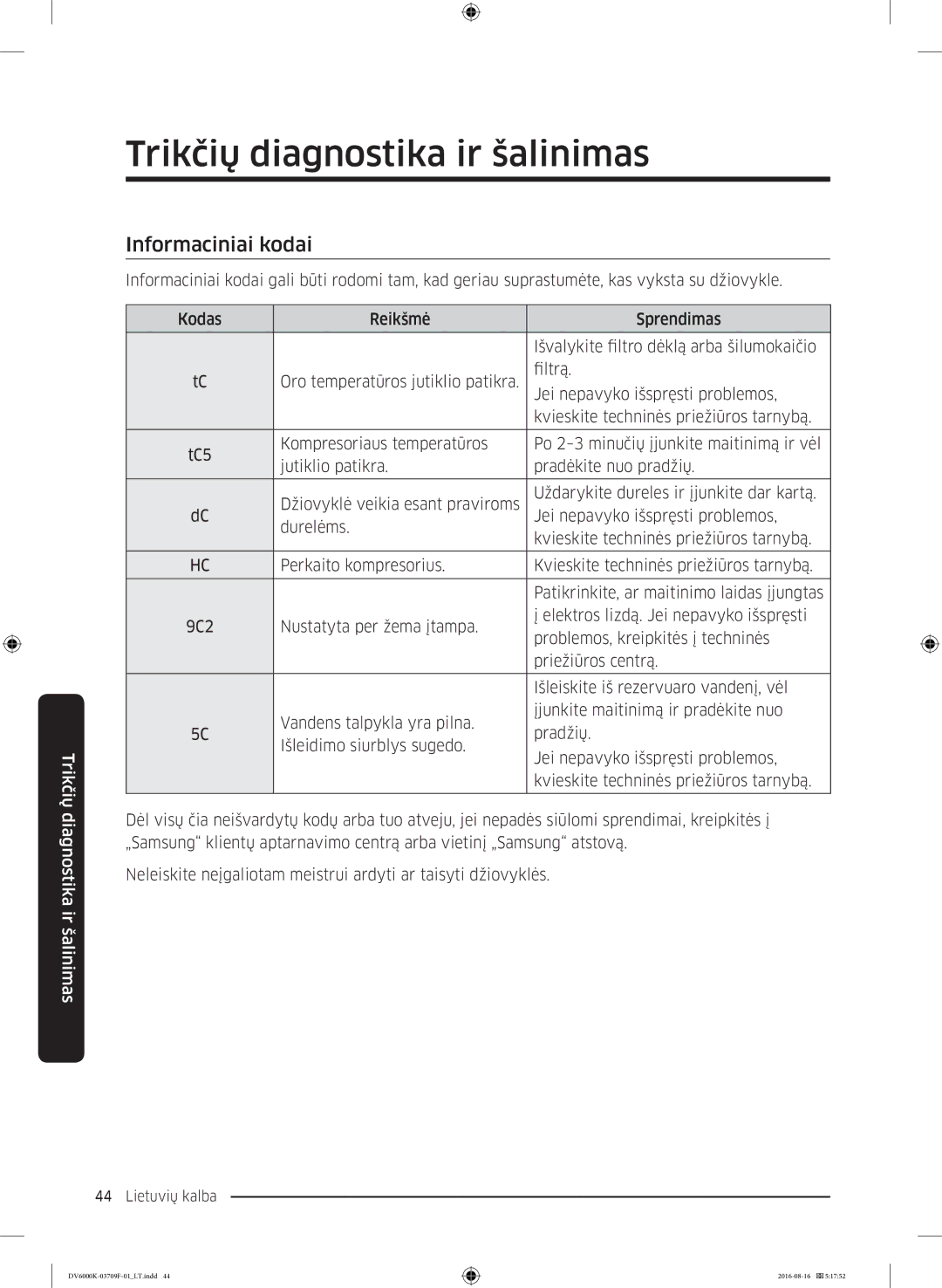 Samsung DV80K6010CW/LE manual Informaciniai kodai 