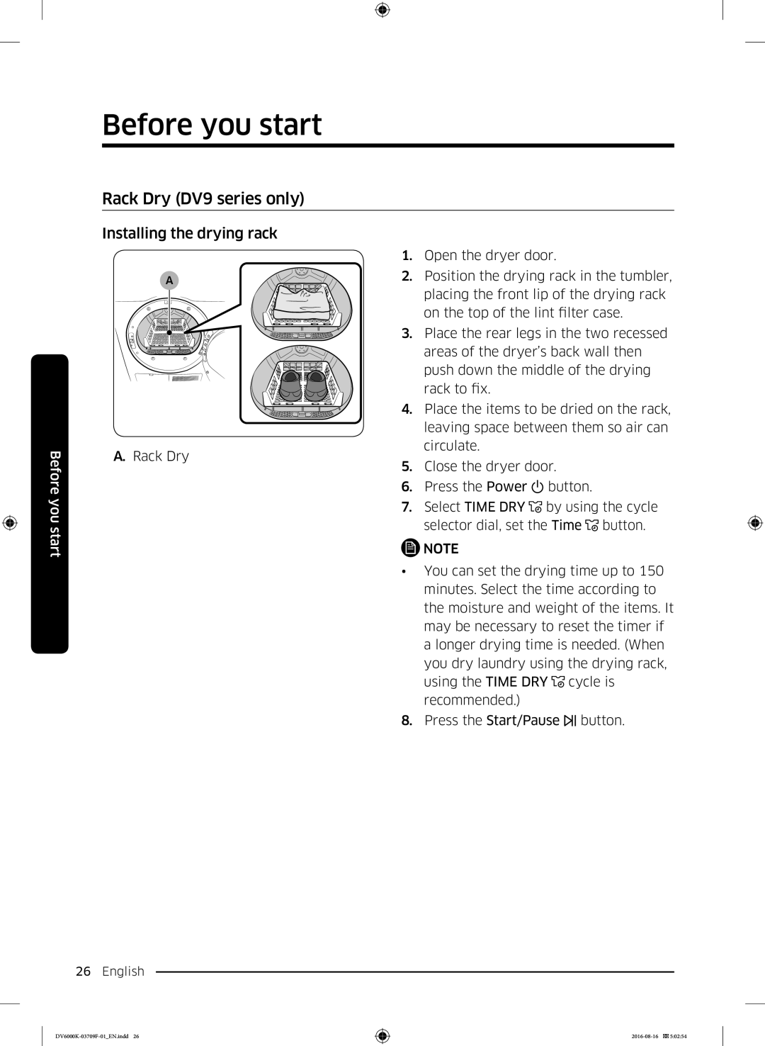 Samsung DV80K6010CW/LE manual Rack Dry DV9 series only, Installing the drying rack 