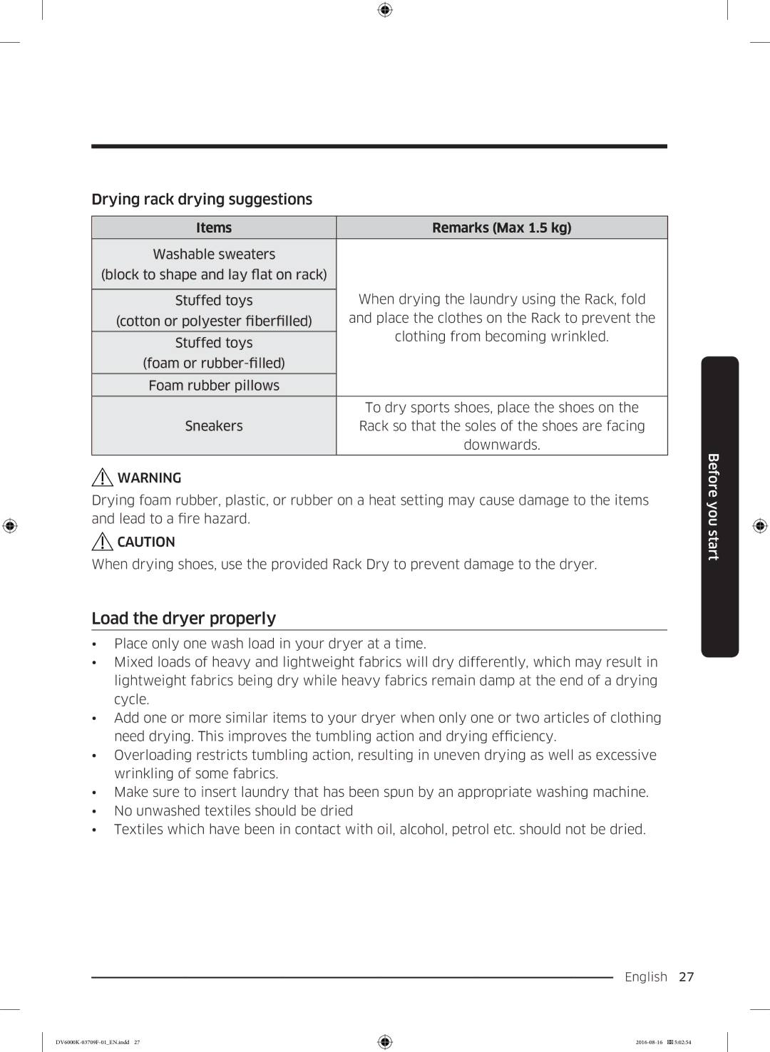 Samsung DV80K6010CW/LE manual Load the dryer properly, Drying rack drying suggestions 