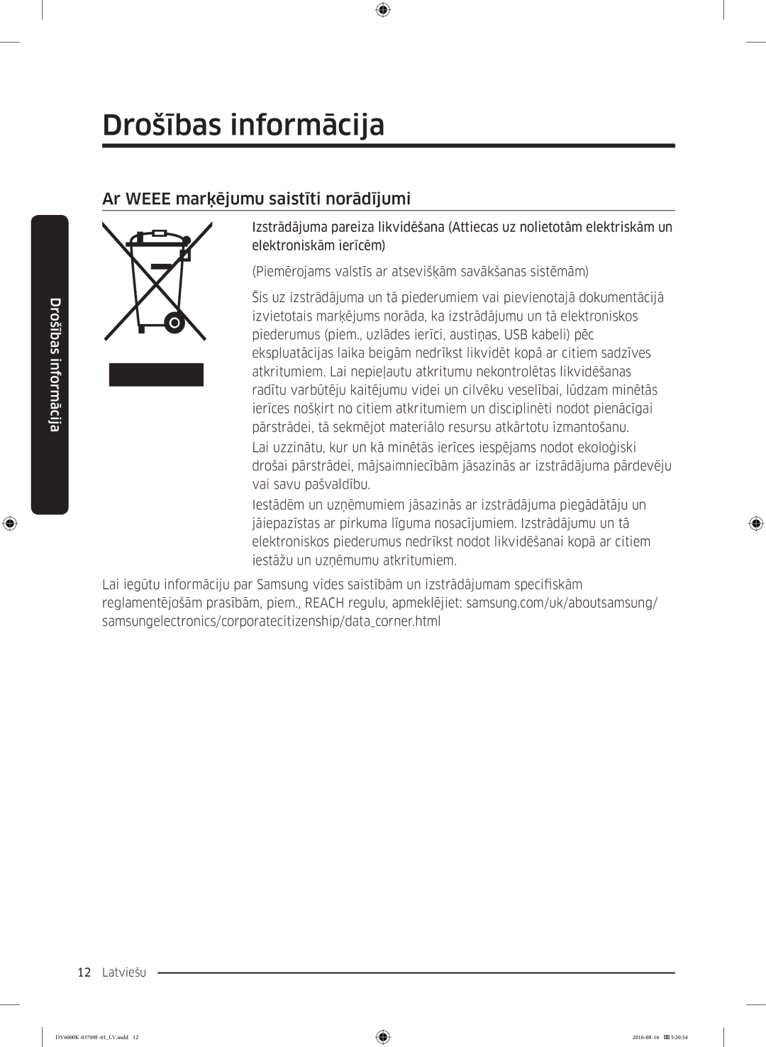 Samsung DV80K6010CW/LE manual Ar Weee marķējumu saistīti norādījumi 