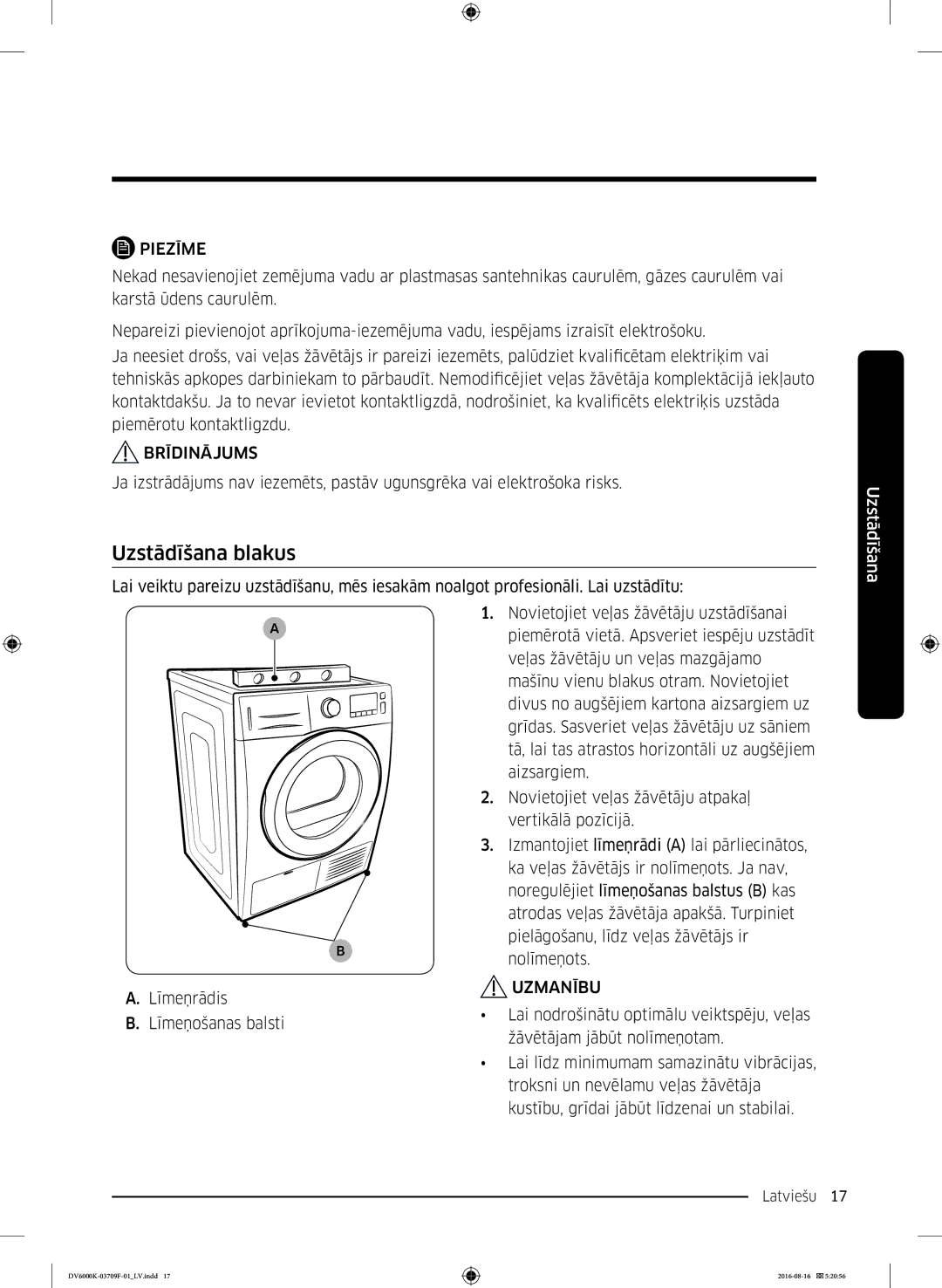 Samsung DV80K6010CW/LE manual Uzstādīšana blakus 