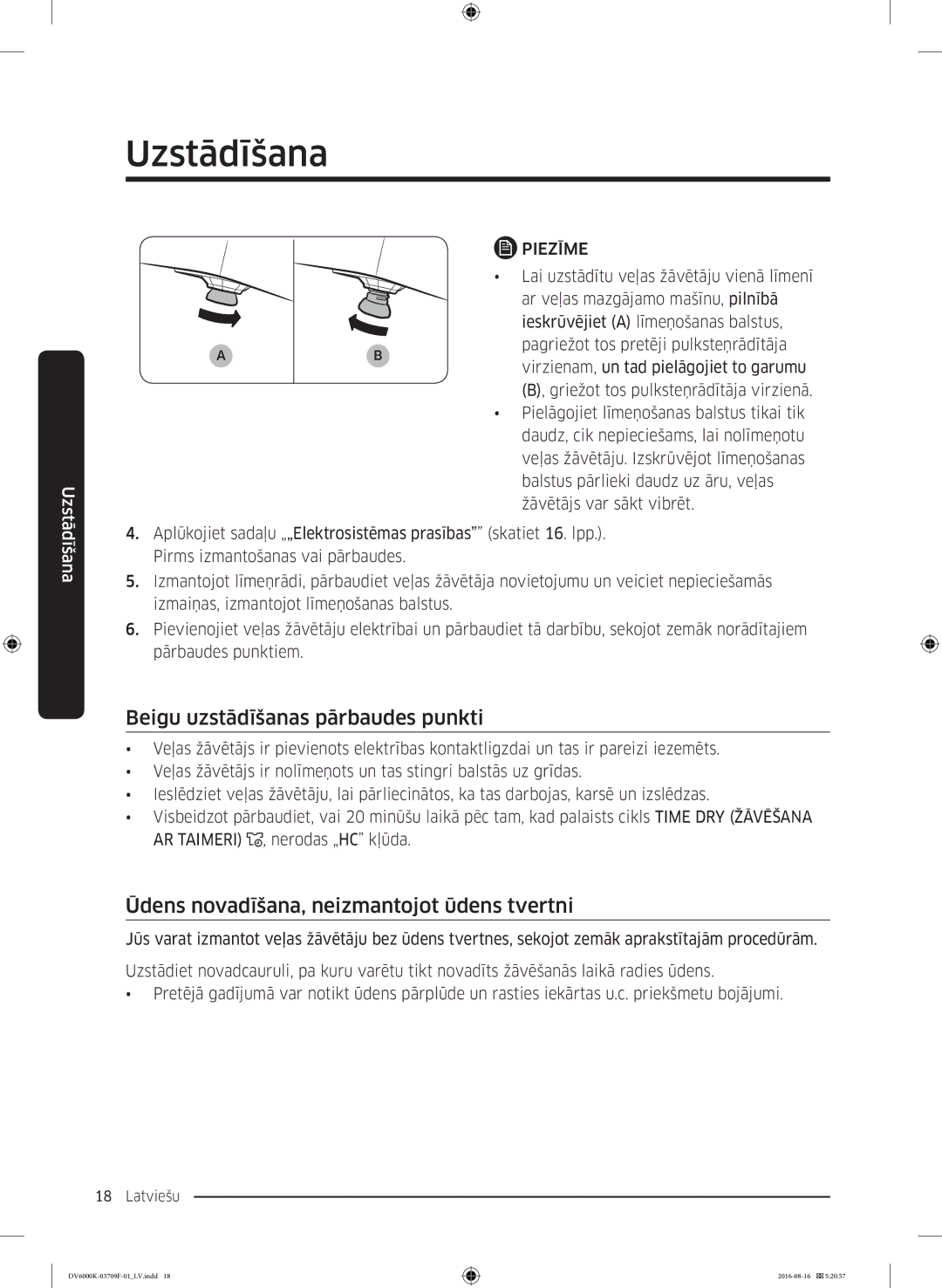 Samsung DV80K6010CW/LE manual Beigu uzstādīšanas pārbaudes punkti, Ūdens novadīšana, neizmantojot ūdens tvertni 