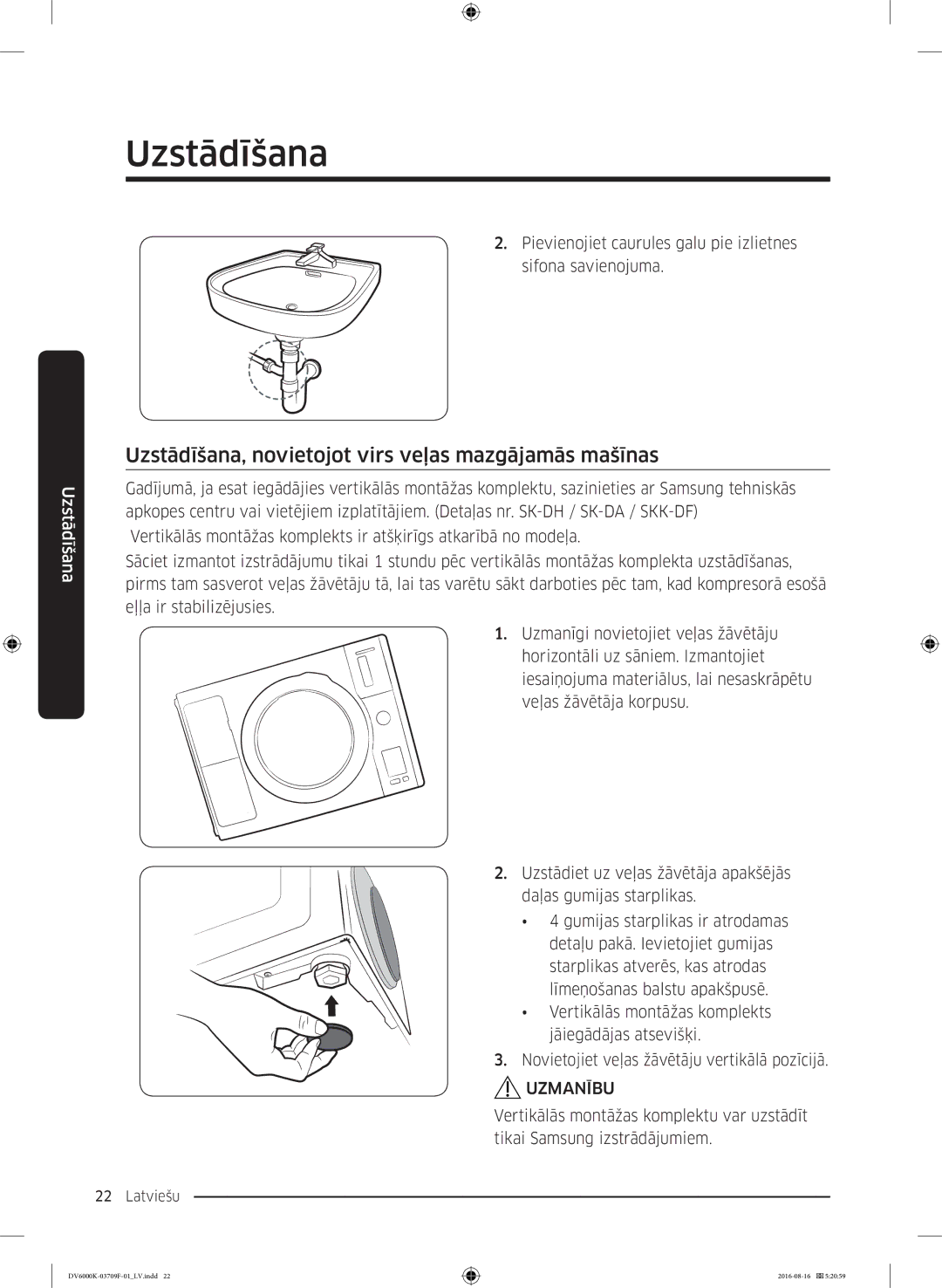 Samsung DV80K6010CW/LE manual Uzstādīšana, novietojot virs veļas mazgājamās mašīnas 