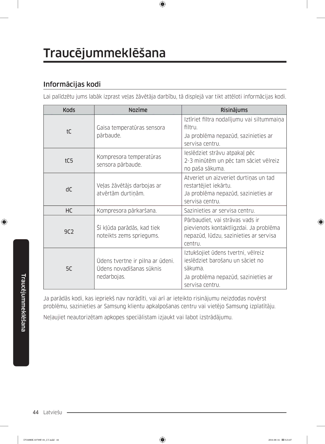 Samsung DV80K6010CW/LE manual Informācijas kodi 