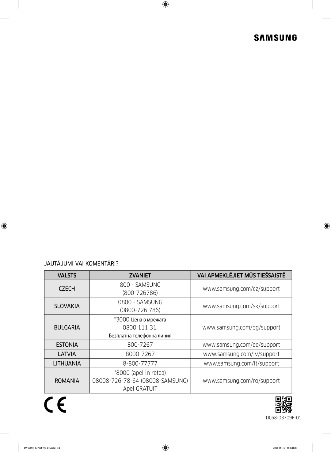 Samsung DV80K6010CW/LE manual Jautājumi VAI KOMENTĀRI? Valsts Zvaniet, 800-726786 