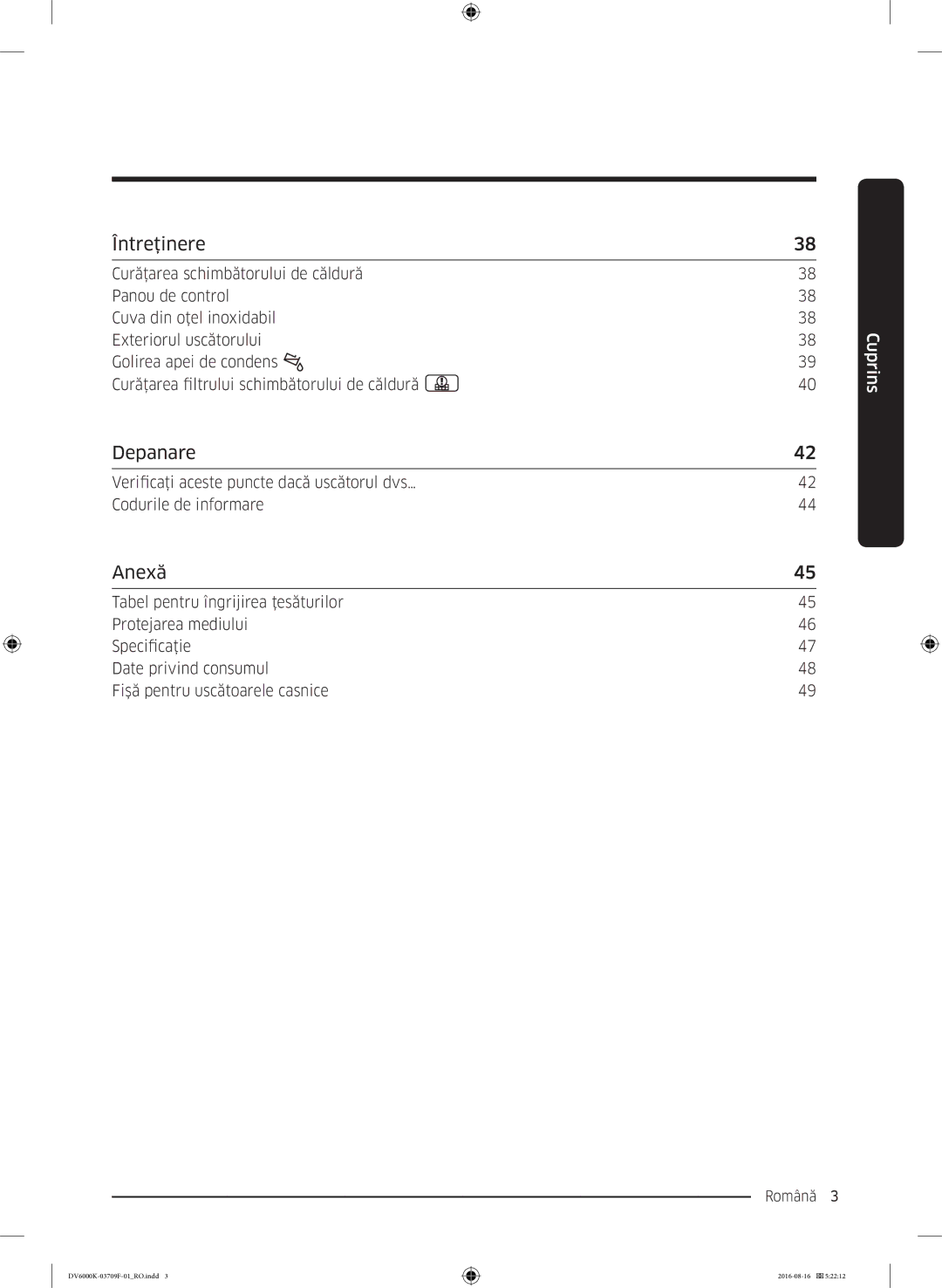 Samsung DV80K6010CW/LE manual Întreţinere, Depanare, Anexă 