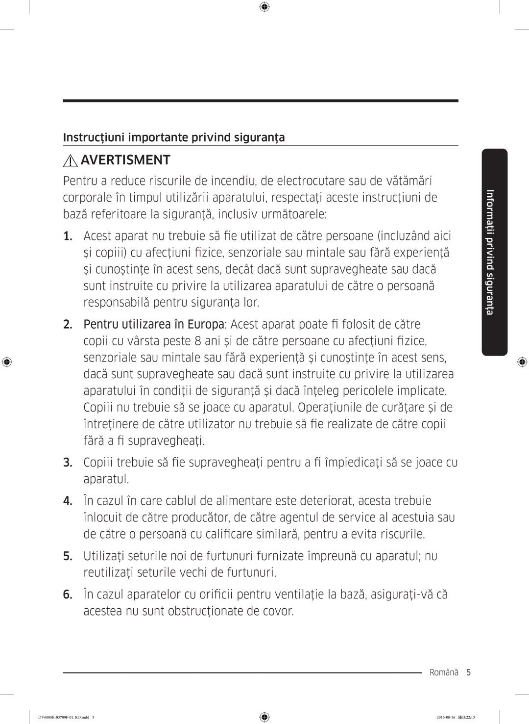 Samsung DV80K6010CW/LE manual Avertisment, Instrucţiuni importante privind siguranţa 