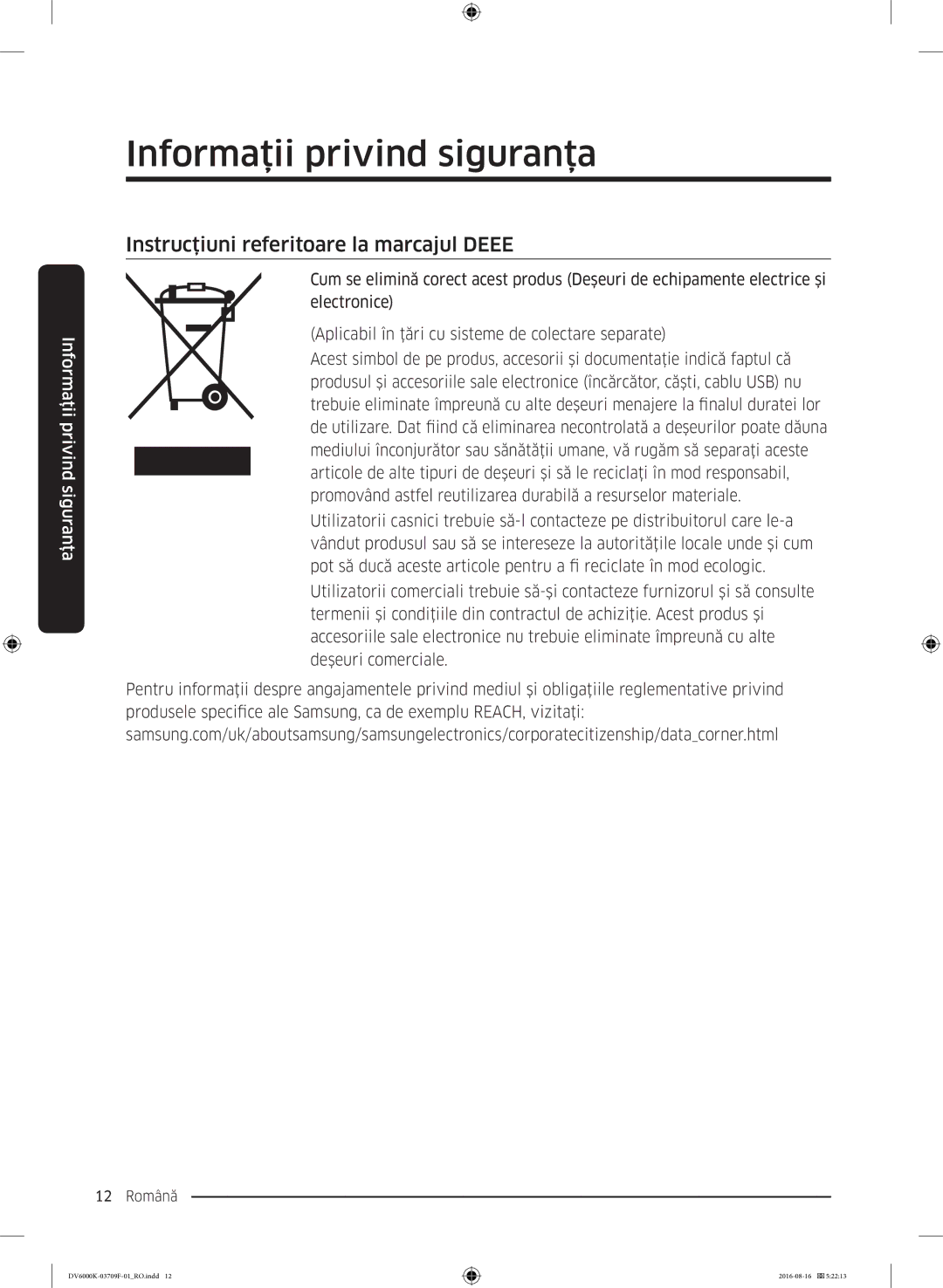 Samsung DV80K6010CW/LE manual Instrucţiuni referitoare la marcajul Deee 