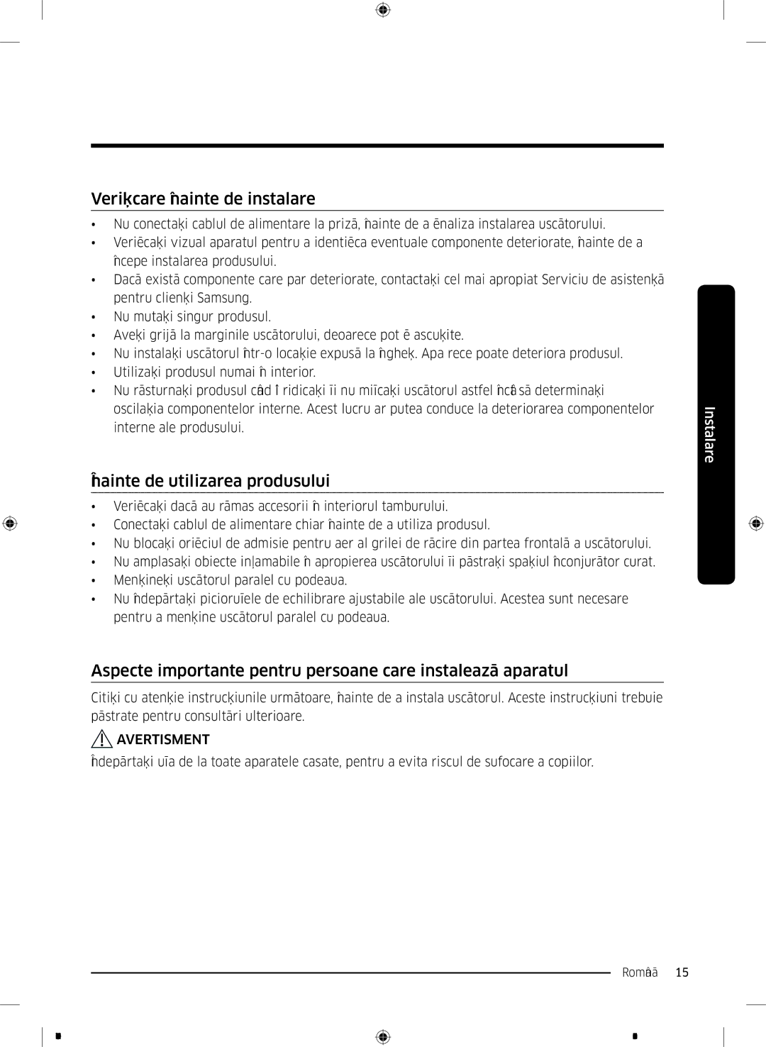 Samsung DV80K6010CW/LE manual Verificare înainte de instalare, Înainte de utilizarea produsului 