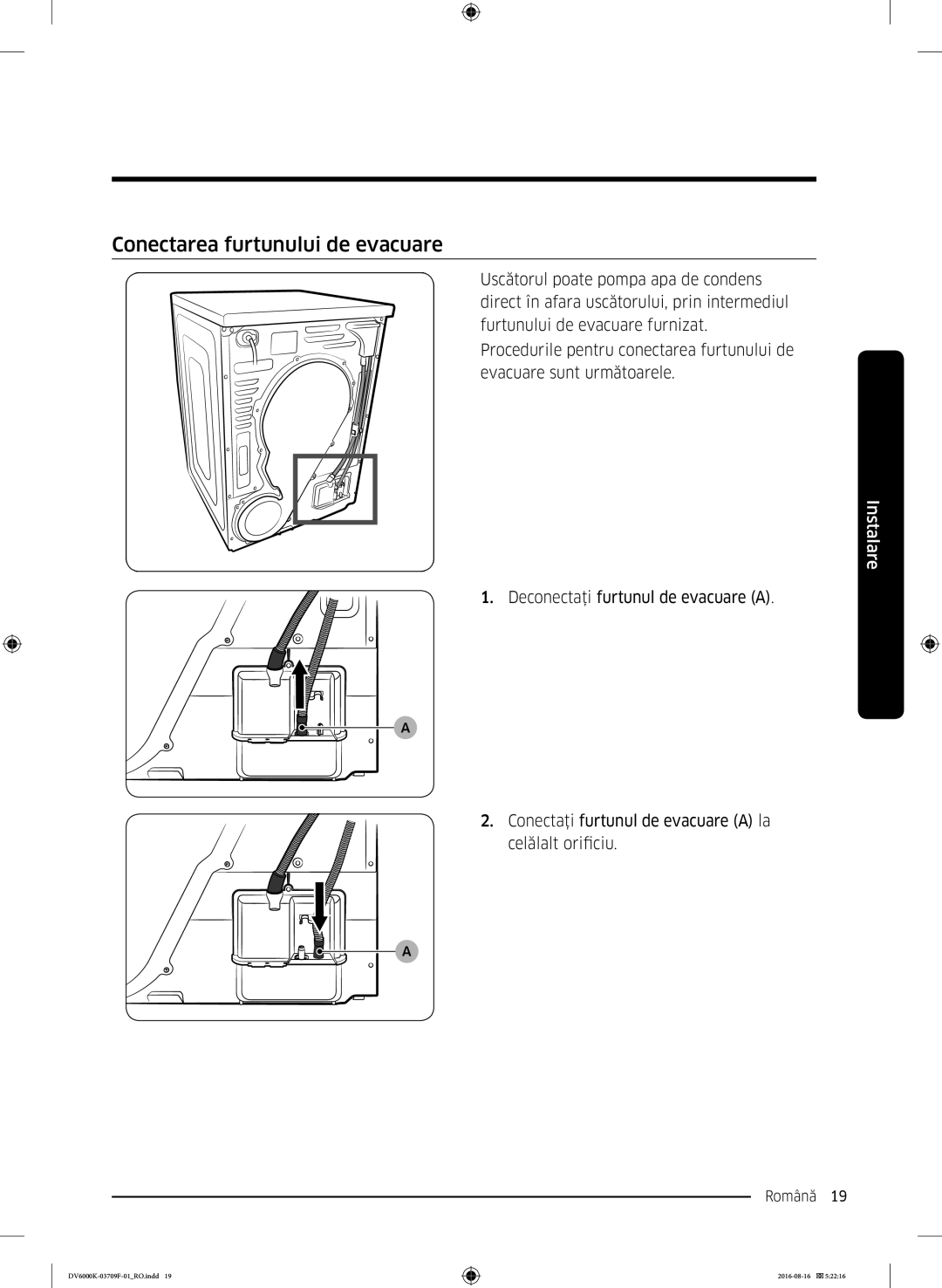 Samsung DV80K6010CW/LE manual Conectarea furtunului de evacuare 